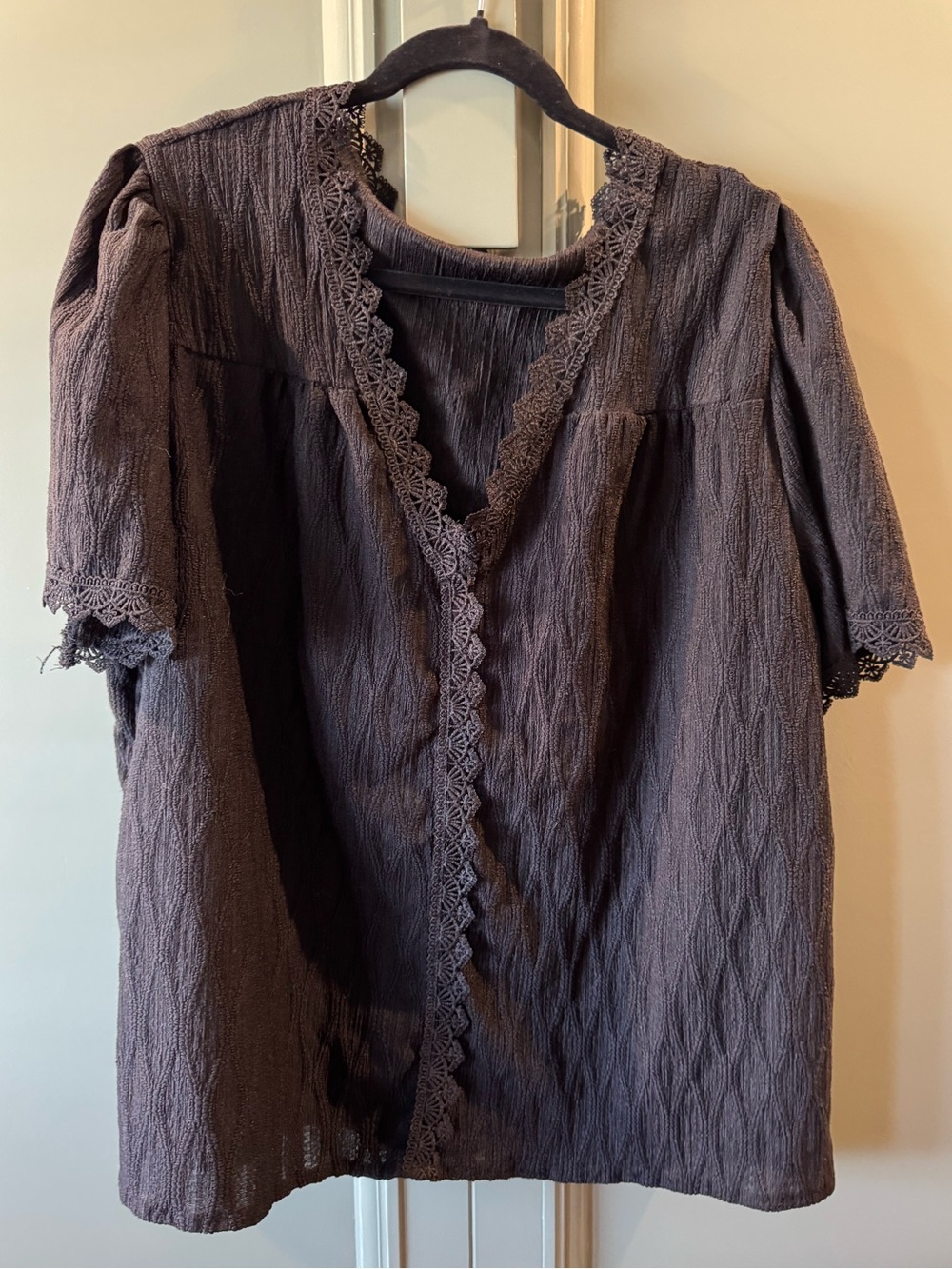 NWOT. Textured Lace-Trim Short Sleeve Top — Black